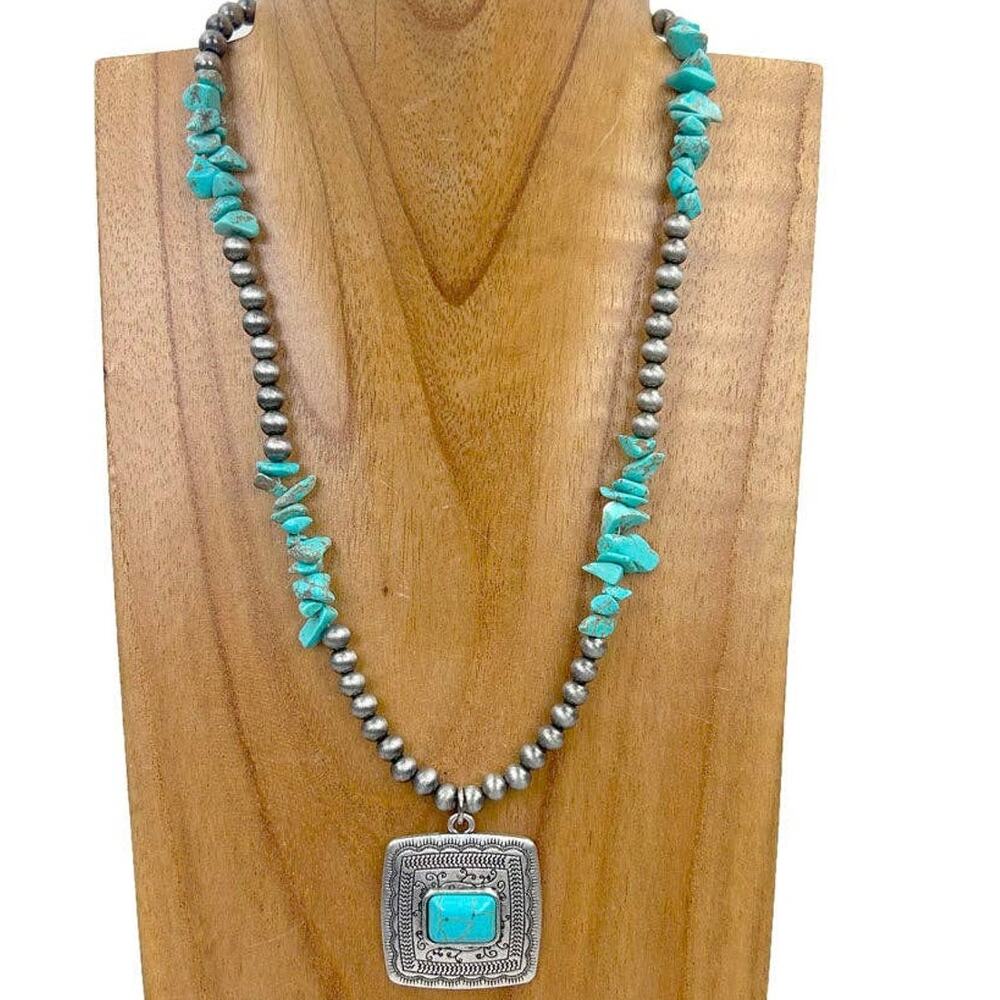 Silver Navajo Style Pearl & Blue Turquoise Nugget Necklace with Square Pendant